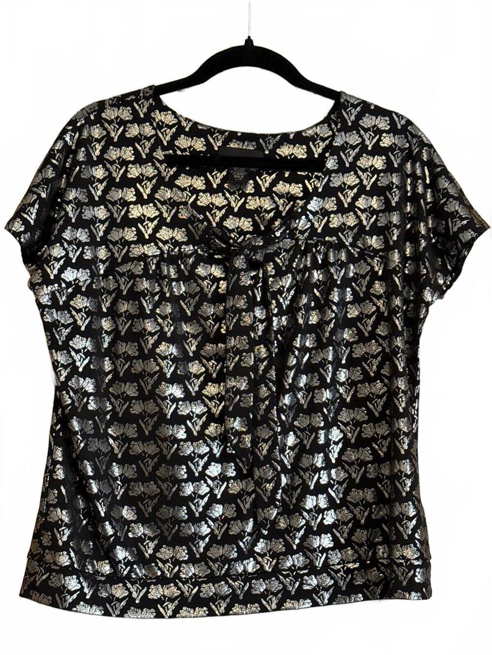 Attention Black and Silver Metallic Floral Print Top L/G